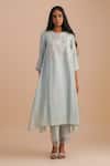 Buy_One Not Two_Blue Silk, Organza, Crepe Embroidery, Sequins Keyhole Floral Applique Kurta Set _at_Aza_Fashions