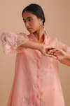 One Not Two_Pink Silk, Organza, Satin Sequins Collared Floral Applique Kurta Set _at_Aza_Fashions
