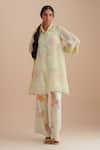 Buy_One Not Two_Green Silk, Organza, Satin Applique, Sequins Collared Floral Kurta Set _at_Aza_Fashions