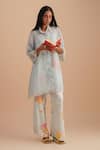 One Not Two_Blue Silk, Organza, Satin Embroidery, Sequins Collared Floral Applique Kurta Set _Online_at_Aza_Fashions