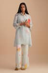 Buy_One Not Two_Blue Silk, Organza, Satin Embroidery, Sequins Collared Floral Applique Kurta Set _at_Aza_Fashions