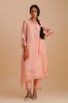 Buy_One Not Two_Pink Silk Organza, Viscose, Crepe Applique, Sequins V-neck Floral Kurta Set _at_Aza_Fashions