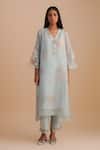 One Not Two_Blue Silk Organza, Viscose, Crepe Embroidery, Sequins, Floral Kurta Set _at_Aza_Fashions