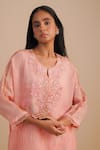 Buy_One Not Two_Pink Viscose, Organza, Crepe Beads, Sequins Round Neck Floral Applique Kurta Set _Online_at_Aza_Fashions