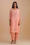 Shop_One Not Two_Pink Viscose, Organza, Crepe Beads, Sequins Round Neck Floral Applique Kurta Set _Online_at_Aza_Fashions