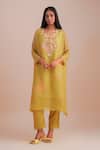 Buy_One Not Two_Yellow Viscose, Organza, Crepe Applique, Sequins Round Neck Floral Kurta Set _at_Aza_Fashions