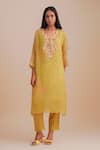 Shop_One Not Two_Yellow Viscose, Organza, Crepe Applique, Sequins Round Neck Floral Kurta Set _Online_at_Aza_Fashions