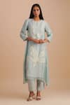 Buy_One Not Two_Blue Silk Organza, Crepe Sequins, Beads Keyhole Neck Floral Applique Kurta Set _at_Aza_Fashions