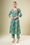 Samyukta Singhania_Green Cotton Round Neck Printed Kurta And Pant Set _at_Aza_Fashions