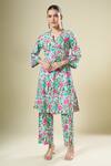 Samyukta Singhania_Pink Cotton Split V-neck Floral Print Kurta And Pant Set_Online_at_Aza_Fashions