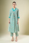 Samyukta Singhania_Green Cotton Split V-neck Printed Kurta And Pant Set _Online_at_Aza_Fashions
