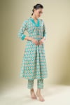 Buy_Samyukta Singhania_Green Cotton Split V-neck Printed Kurta And Pant Set _Online_at_Aza_Fashions