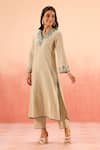 Dohr India_Beige Cotton, Brocade Embroidery V-neck Striped Kurta Pant Dupatta Set _Online_at_Aza_Fashions