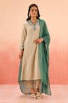 Buy_Dohr India_Beige Cotton, Brocade Embroidery V-neck Striped Kurta Pant Dupatta Set _at_Aza_Fashions