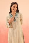 Shop_Dohr India_Beige Cotton, Brocade Embroidery V-neck Striped Kurta Pant Dupatta Set _Online_at_Aza_Fashions
