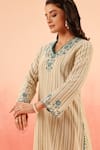 Dohr India_Beige Cotton, Brocade Embroidery V-neck Striped Kurta Pant Dupatta Set _at_Aza_Fashions