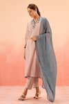 Buy_Dohr India_Red Cotton, Jacquard Embroidery V-neck Striped Kurta Pant Dupatta Set _at_Aza_Fashions