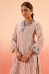 Shop_Dohr India_Red Cotton, Jacquard Embroidery V-neck Striped Kurta Pant Dupatta Set _Online_at_Aza_Fashions
