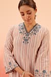 Dohr India_Red Cotton, Jacquard Embroidery V-neck Striped Kurta Pant Dupatta Set _at_Aza_Fashions