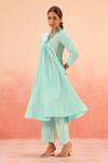 Dohr India_Blue Cotton, Silk Embroidery Split V-neck Designer Kurta Pant Dupatta Set _Online_at_Aza_Fashions