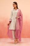 Buy_Dohr India_Beige Cotton, Brocade, Jacquard Embroidery, Striped Kurta Pant Dupatta Set _at_Aza_Fashions
