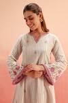 Shop_Dohr India_Beige Cotton, Brocade, Jacquard Embroidery, Striped Kurta Pant Dupatta Set _Online_at_Aza_Fashions