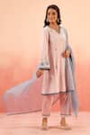 Buy_Dohr India_Pink Cotton, Jacquard Embroidery, Sequins V-neck Striped Kurta Pant Dupatta Set _at_Aza_Fashions