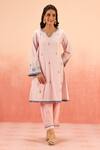 Dohr India_Pink Cotton, Jacquard Embroidery, Sequins V-neck Striped Kurta Pant Dupatta Set _Online_at_Aza_Fashions