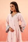 Buy_Dohr India_Pink Cotton, Jacquard Embroidery, Sequins V-neck Striped Kurta Pant Dupatta Set _Online_at_Aza_Fashions