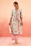 Dohr India_Multi Color Cotton, Kota Doria Lace, Floral Print Kurta Pant Dupatta Set _Online_at_Aza_Fashions