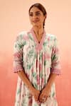 Dohr India_Multi Color Cotton, Kota Doria Lace, Floral Print Kurta Pant Dupatta Set _at_Aza_Fashions