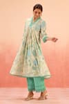 Dohr India_Green Cotton, Kota Doria Lace V-neck Floral Print Kurta Set _Online_at_Aza_Fashions