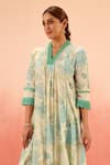 Shop_Dohr India_Green Cotton, Kota Doria Lace V-neck Floral Print Kurta Set _Online_at_Aza_Fashions