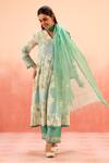 Buy_Dohr India_Green Cotton, Kota Doria Embroidery V-neck Floral Print Kurta Pant Set _Online_at_Aza_Fashions