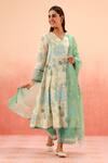 Buy_Dohr India_Green Cotton, Kota Doria Embroidery V-neck Floral Print Kurta Pant Set _at_Aza_Fashions