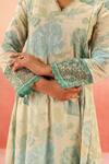 Shop_Dohr India_Green Cotton, Kota Doria Embroidery V-neck Floral Print Kurta Pant Set _Online_at_Aza_Fashions