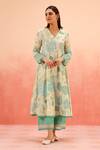Dohr India_Green Cotton, Kota Doria Embroidery V-neck Floral Print Kurta Pant Set _at_Aza_Fashions