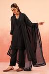 Buy_Dohr India_Black Cotton, Silk Embroidery, Pom-poms Scoop Neck Kurta Pant Dupatta Set _at_Aza_Fashions