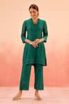 Shop_Dohr India_Emerald Green Cotton, Silk Lace Round Neck Kurta Set _Online_at_Aza_Fashions