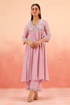Dohr India_Purple Cotton, Silk Zari, Sequins, Embroidery V-neck Anarkali Set _Online_at_Aza_Fashions