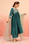 Buy_Dohr India_Teal Cotton, Silk Embroidery V-neck Green Anarkali Set _at_Aza_Fashions