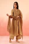 Buy_Dohr India_Tan Cotton, Silk Zari, Embroidery V-neck Brown Anarkali Set _at_Aza_Fashions