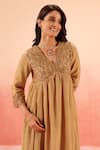 Dohr India_Tan Cotton, Silk Zari, Embroidery V-neck Brown Anarkali Set _at_Aza_Fashions