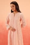 Shop_Dohr India_Pink Cotton, Kota Doria Embroidery Split V-neck Schiffli Kurta Pant Dupatta Set _Online_at_Aza_Fashions