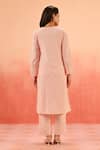 Shop_Dohr India_Pink Cotton, Kota Doria Embroidery Split V-neck Schiffli Kurta Pant Dupatta Set _at_Aza_Fashions