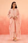 Buy_Dohr India_Pink Cotton, Kota Doria Embroidery Split V-neck Schiffli Kurta Pant Dupatta Set _at_Aza_Fashions