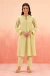 Dohr India_Green Cotton, Kota Doria Embroidery Round Neck Schiffli Kurta Pant Dupatta Set _at_Aza_Fashions
