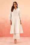 Buy_Dohr India_White Jacquard, Cotton, Organza Zari, Sequins Split Kurta Pant Dupatta Set _Online_at_Aza_Fashions
