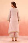 Shop_Dohr India_Pink Jacquard, Cotton, Brocade Embroidery Split V-neck Kurta Pant Dupatta Set _at_Aza_Fashions