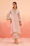Dohr India_Pink Jacquard, Cotton, Brocade Embroidery Split V-neck Kurta Pant Dupatta Set _Online_at_Aza_Fashions
